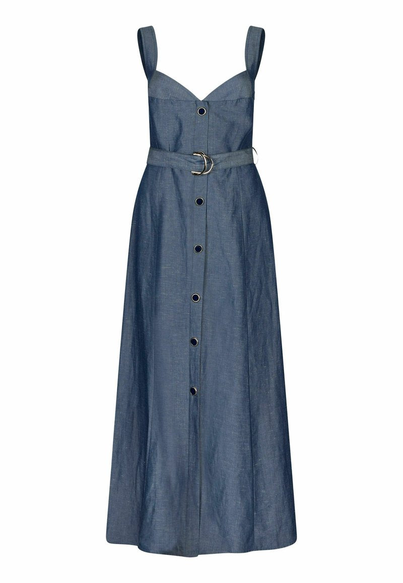 Midikleid aus Denim mit Spaghettiträgern, herzförmigem Ausschnitt, vorderem Knopfverschluss, tailliertem Design und subtiler Textur in Dunkelblau.