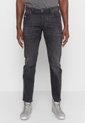 Schlanke, dunkelgraue Jeans aus Denim mit einem klassischen Fünf-Taschen-Design, dezenten Ausbleichungen und einem Reißverschluss mit Knopfverschluss.