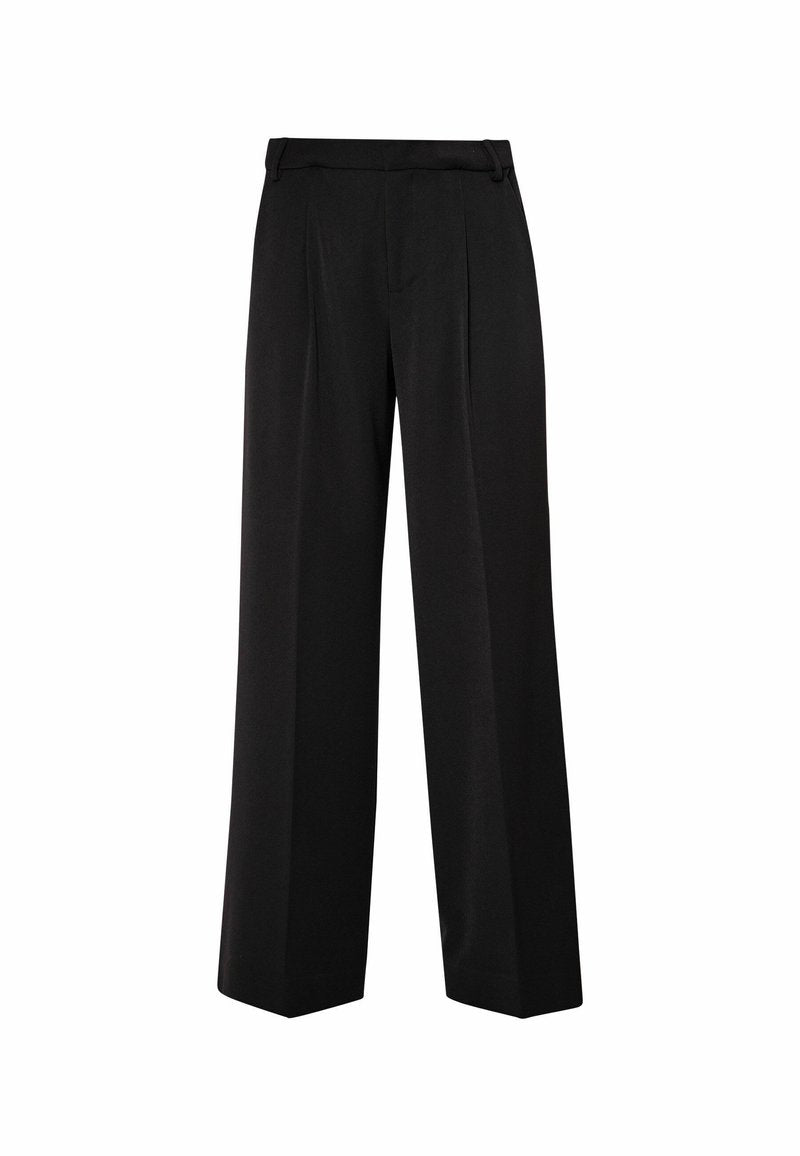Schwarze weit geschnittene Hosen aus weichem Stoff, mit hoher Taille, Vorderfalten und einem klaren, maßgeschneiderten Design ohne Taschen.