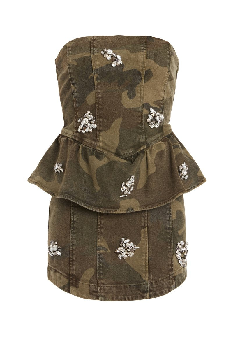 Tropenmuster ohne Träger, mit Peplum in Grün und Braun, verziert mit Kristallverzierungen, verfügt über eine taillierte Taille und einen ausgestellten Saum.