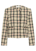 Beige Karojacke aus Wollmischung mit schwarzen, orangefarbenen und weißen Mustern, ohne Kragen und mit langen Ärmeln.