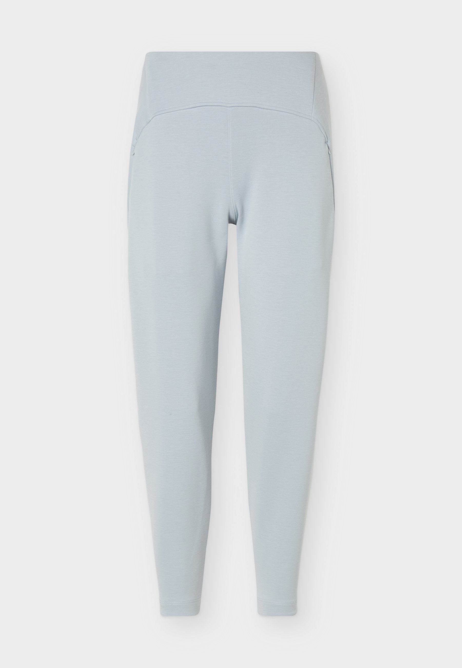 Hellblaue Leggings mit hoher Taille und schlanker Passform mit Seitentaschen, flach vor weißem Hintergrund dargestellt.