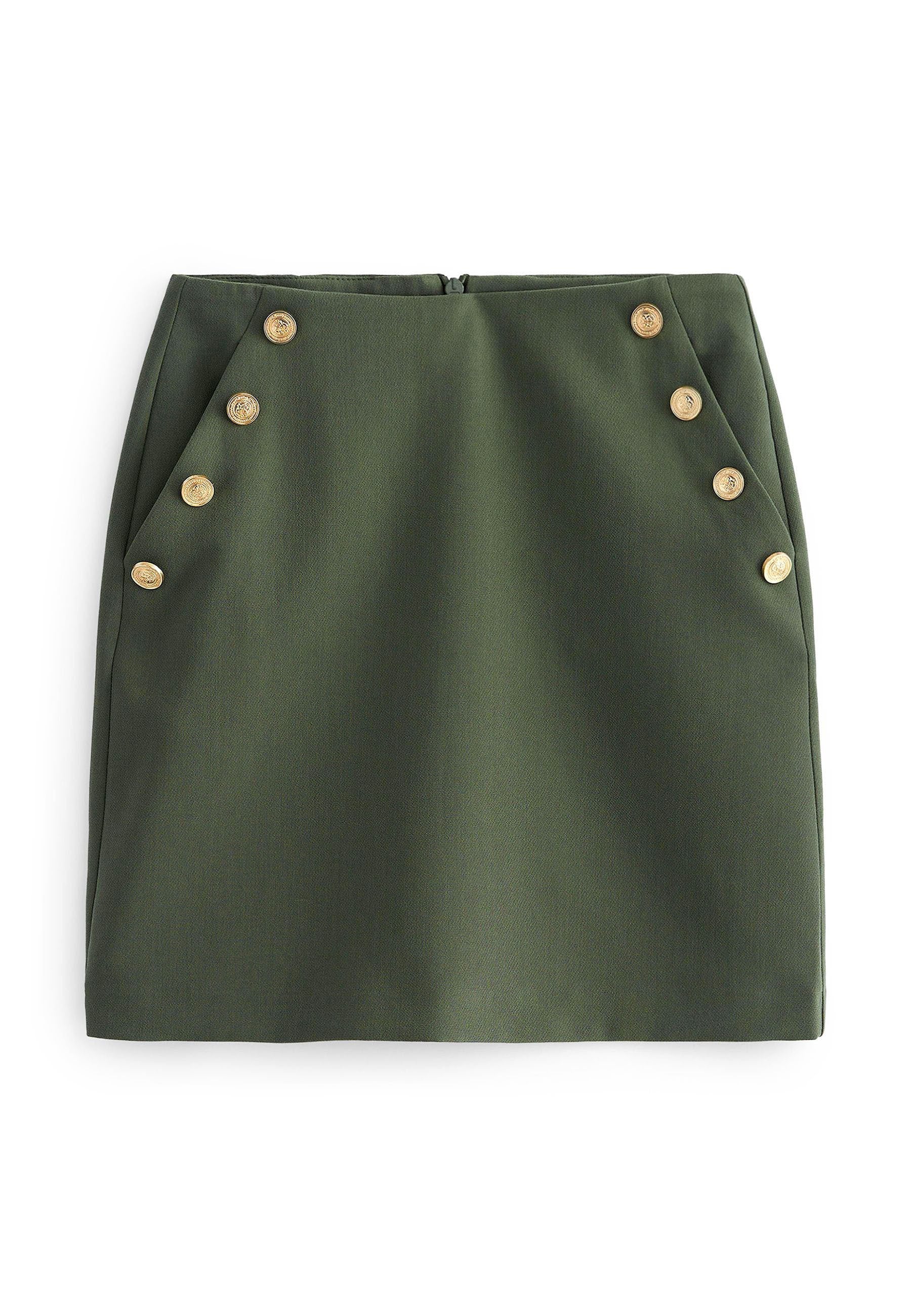 Grüne Herrouniform aus einem glatten Stoff, mit gerader Form, zwei Seitentaschen und sechs goldenen Knopf-Accessoires entlang der linken Seite.