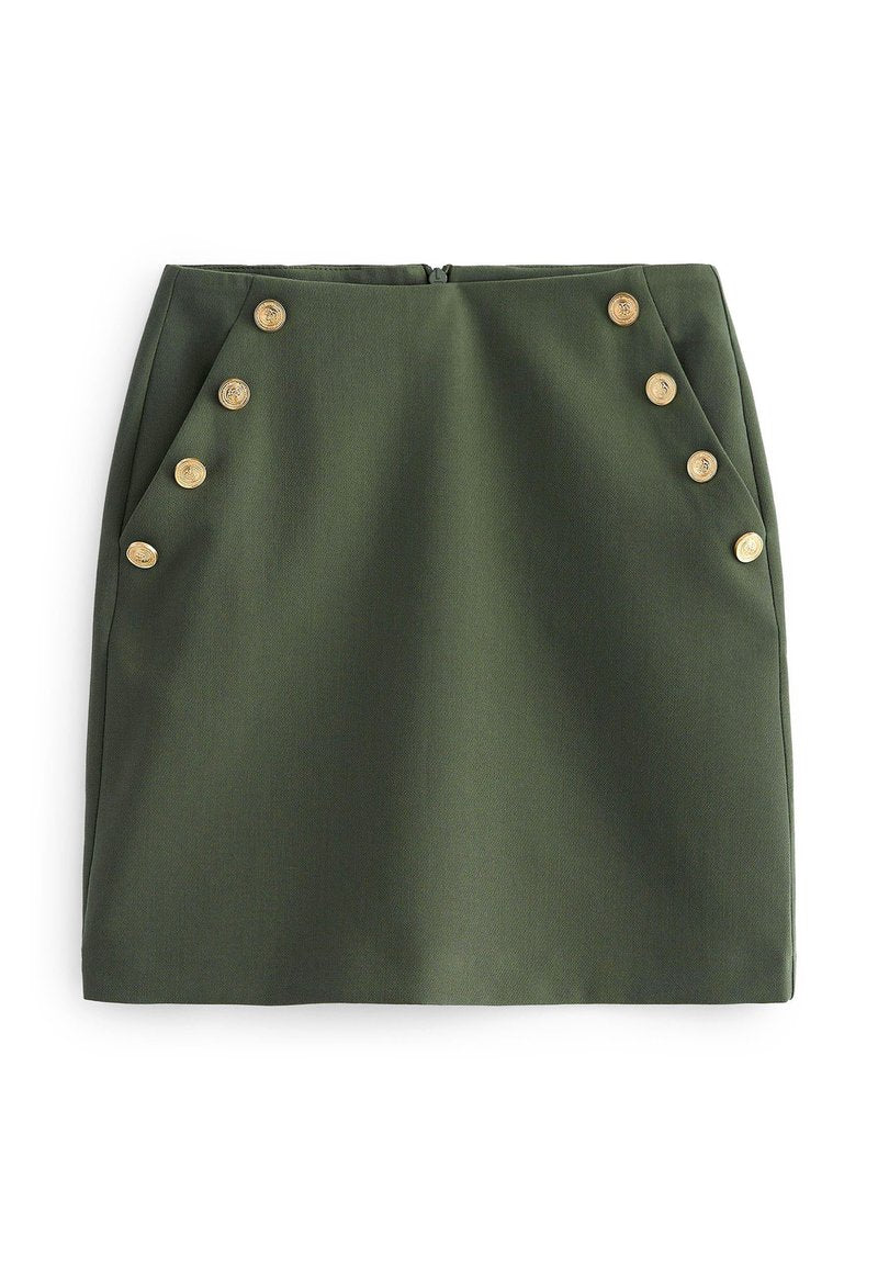 Grüne Herrouniform aus einem glatten Stoff, mit gerader Form, zwei Seitentaschen und sechs goldenen Knopf-Accessoires entlang der linken Seite.