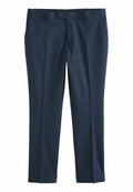 Hose mit Marineblau-Karomuster und glatter Textur, mit Knopfverschluss, schrägen Taschen und schmal zulaufenden Beinen.