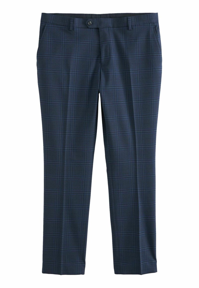 Hose mit Marineblau-Karomuster und glatter Textur, mit Knopfverschluss, schrägen Taschen und schmal zulaufenden Beinen.