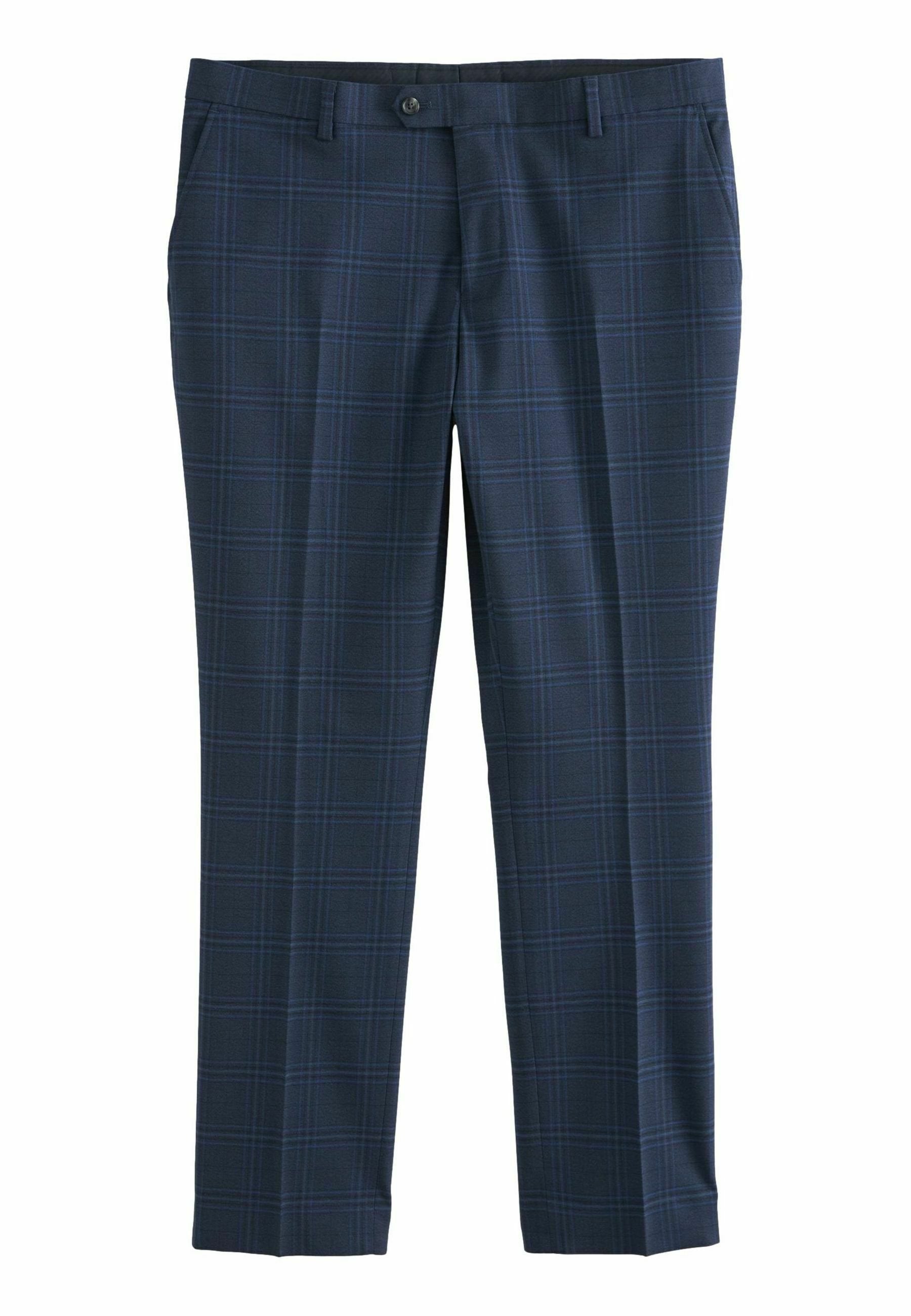 Hose mit Marineblau-Karomuster und glatter Textur, mit Knopfverschluss, schrägen Taschen und schmal zulaufenden Beinen.