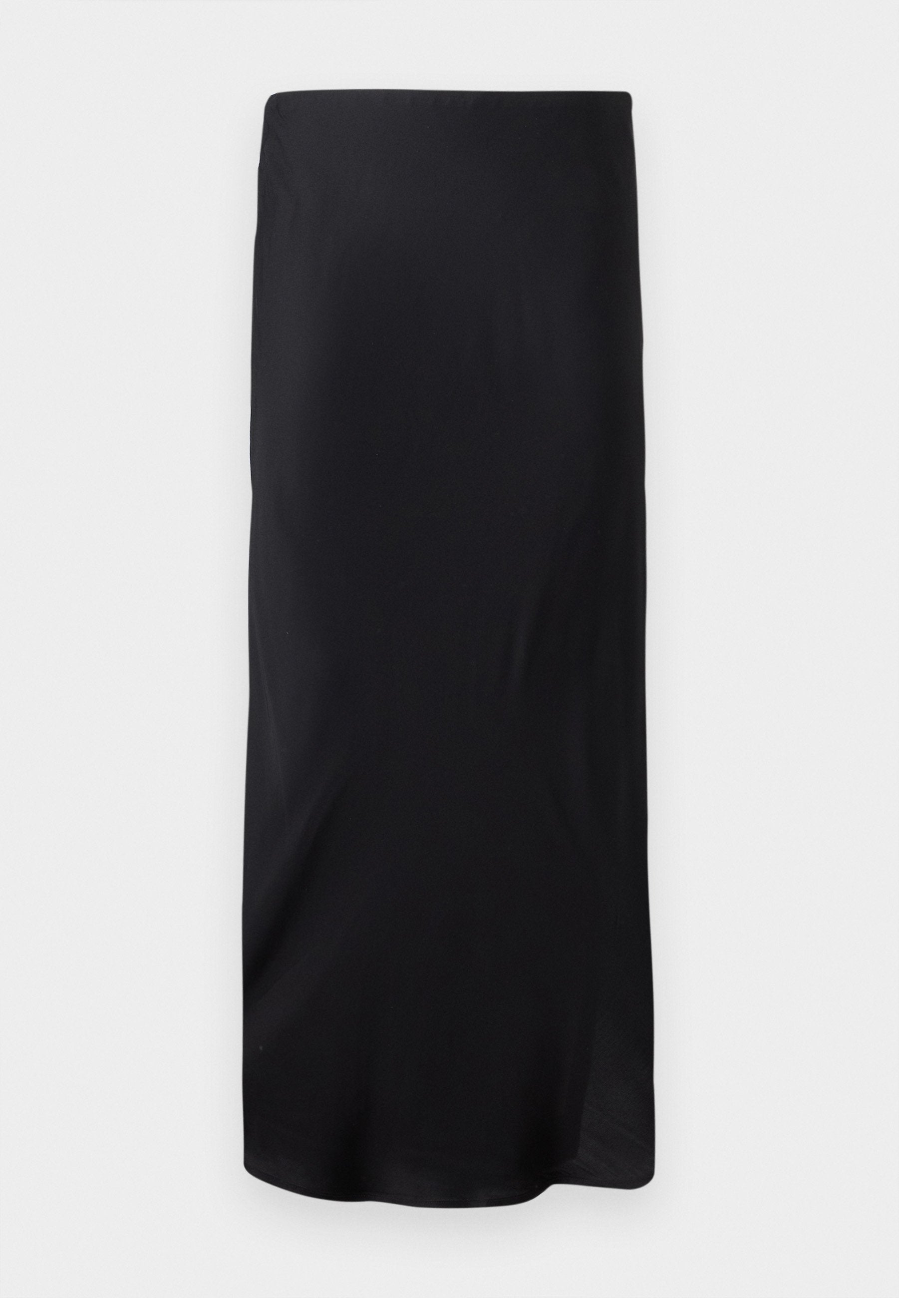 Schwarzer, ärmelloser Midirock aus glattem Stoff. Hat eine gerade, verlängerte Form ohne Muster oder Akzente. Einfaches und minimalistisches Design.