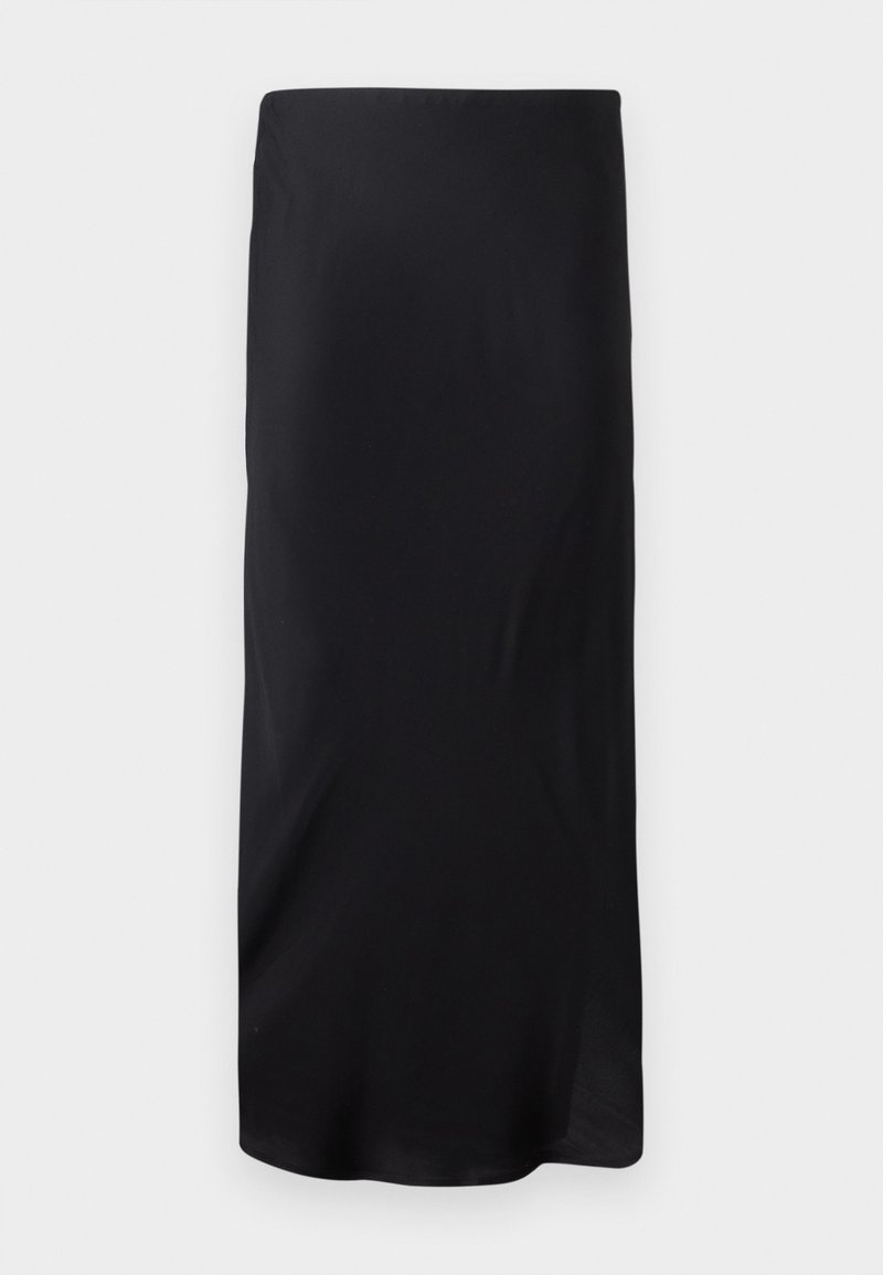 Schwarzer, ärmelloser Midirock aus glattem Stoff. Hat eine gerade, verlängerte Form ohne Muster oder Akzente. Einfaches und minimalistisches Design.