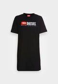 Schwarzes Baumwoll-T-Shirt mit kurzen Ärmeln und Rundhalsausschnitt, das ein auffälliges rotes und weißes "DIESEL DENIM DIVISION"-Logo auf der Vorderseite trägt.