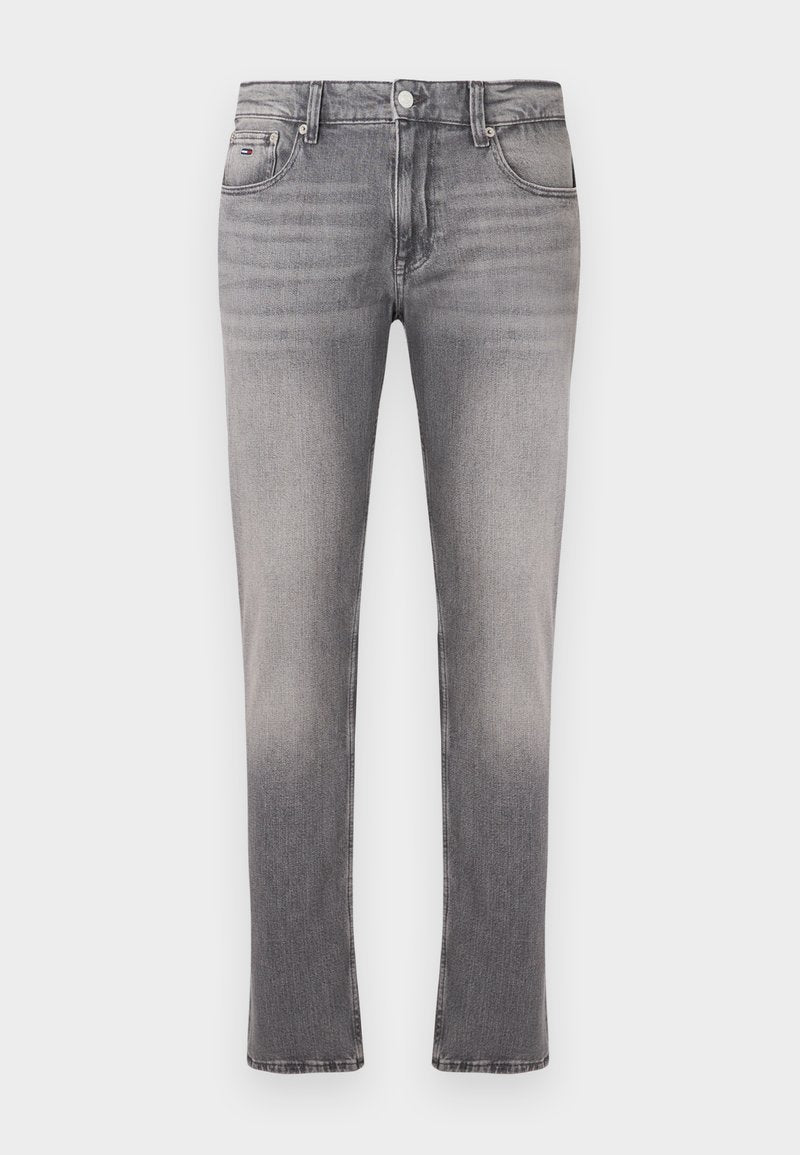 Graue Jeans aus Denim mit gerade geschnittenem Bein, mit verwaschenem Look, fünf Taschen und einem Verschluss mit Metallknopf. Sichtbare Kontrastnähte.