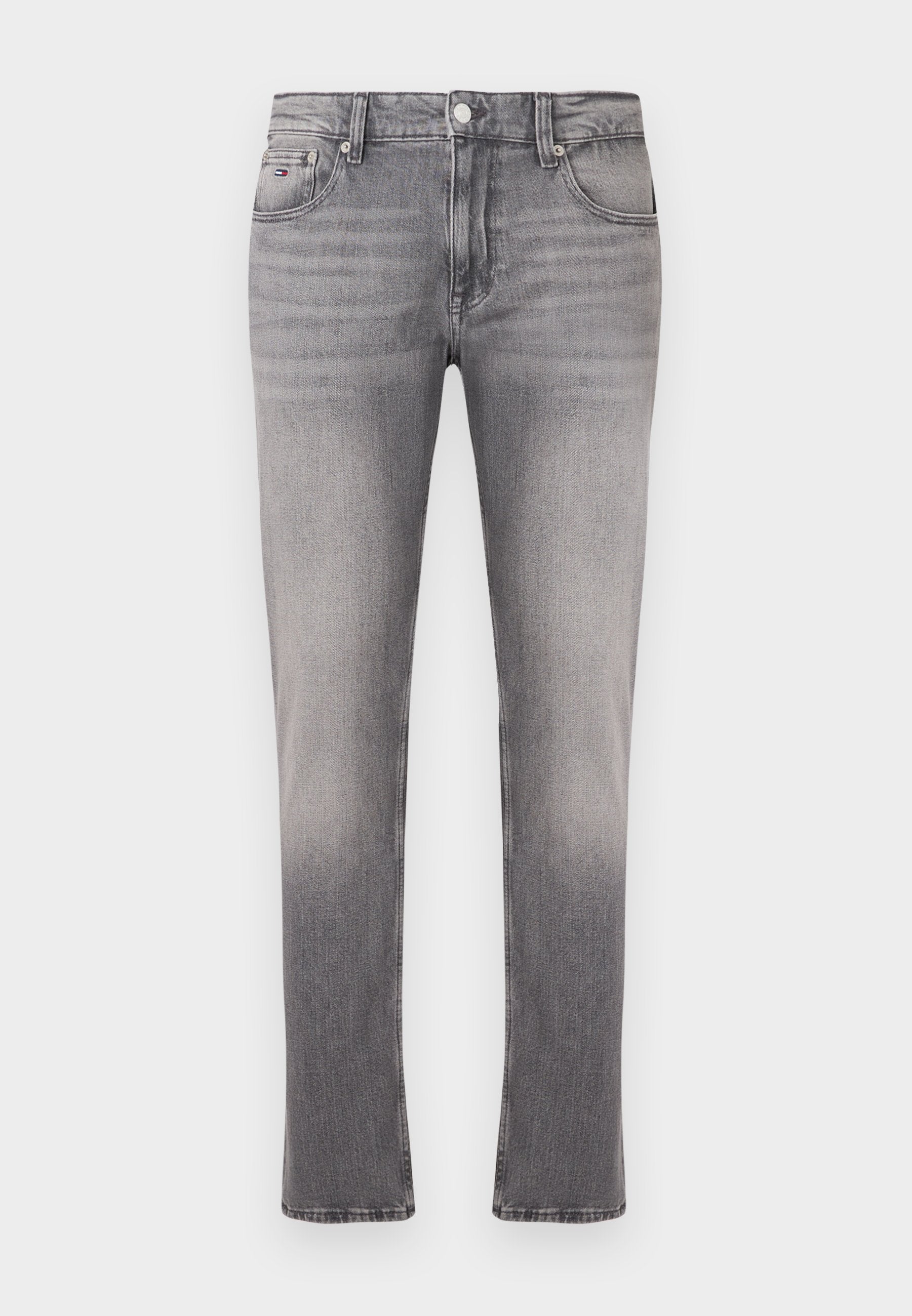 Graue Jeans aus Denim mit gerade geschnittenem Bein, mit verwaschenem Look, fünf Taschen und einem Verschluss mit Metallknopf. Sichtbare Kontrastnähte.