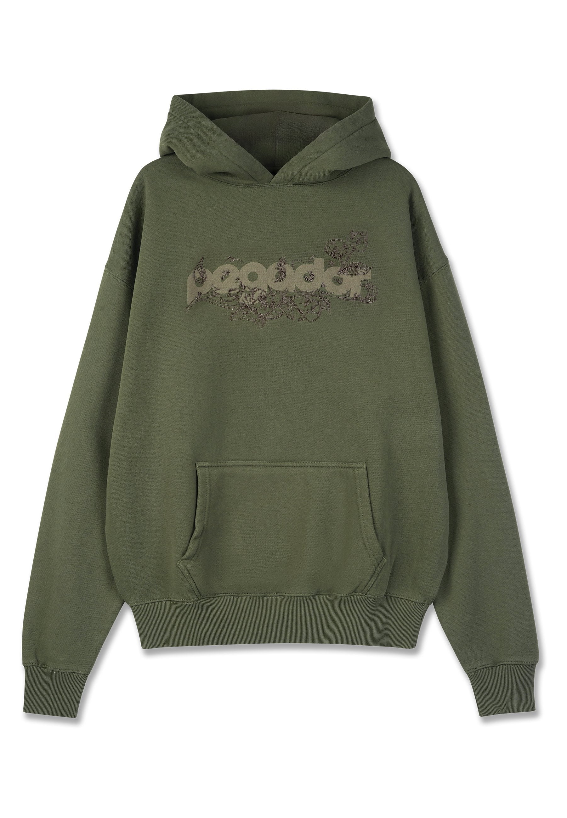 Grüne Kapuzenjacke aus weichem Stoff. Mit einer Kängurutasche und einem bedruckten Logo mit floralen Akzenten in Beige. Lässige Passform.