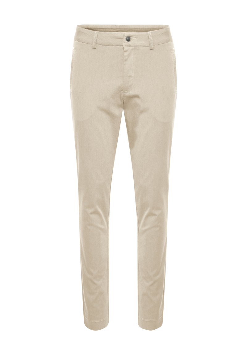 Beige Hosen aus einem strukturierten Stoff. Mit Knopfverschluss, Gürtelschlaufen und einer schmalen Passform mit konisch zulaufenden Beinen.