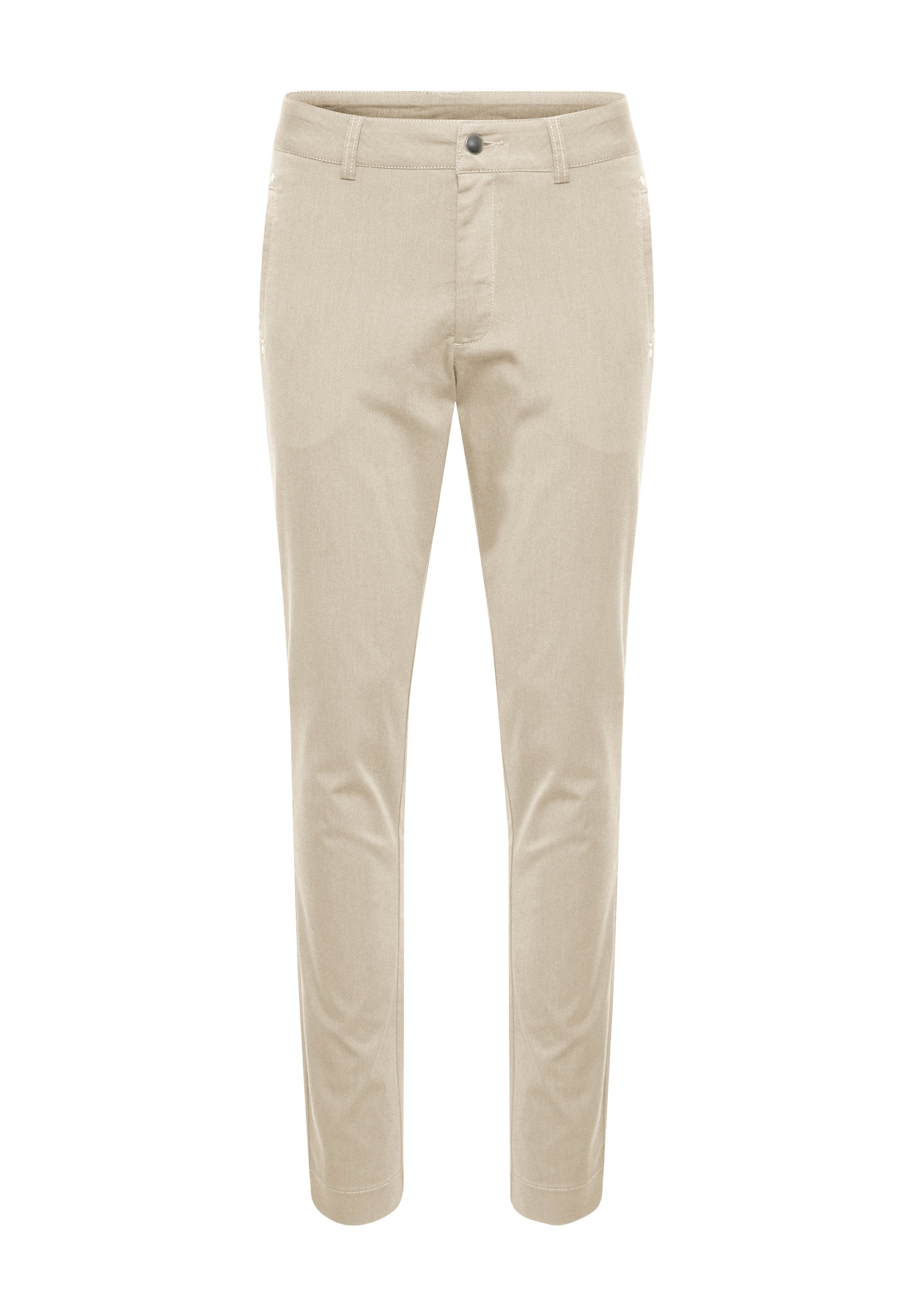 Beige Hosen aus einem strukturierten Stoff. Mit Knopfverschluss, Gürtelschlaufen und einer schmalen Passform mit konisch zulaufenden Beinen.