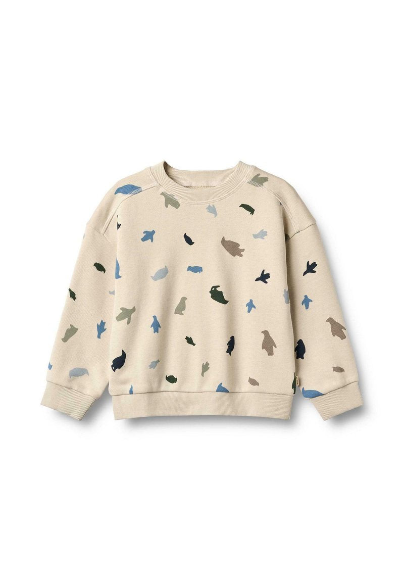 Beige Kinder-Sweatshirt mit Rundhalsausschnitt und mehrfarbigen, abstrakten Vögeln in Blau-, Grün-, Schwarz- und Brauntönen.
