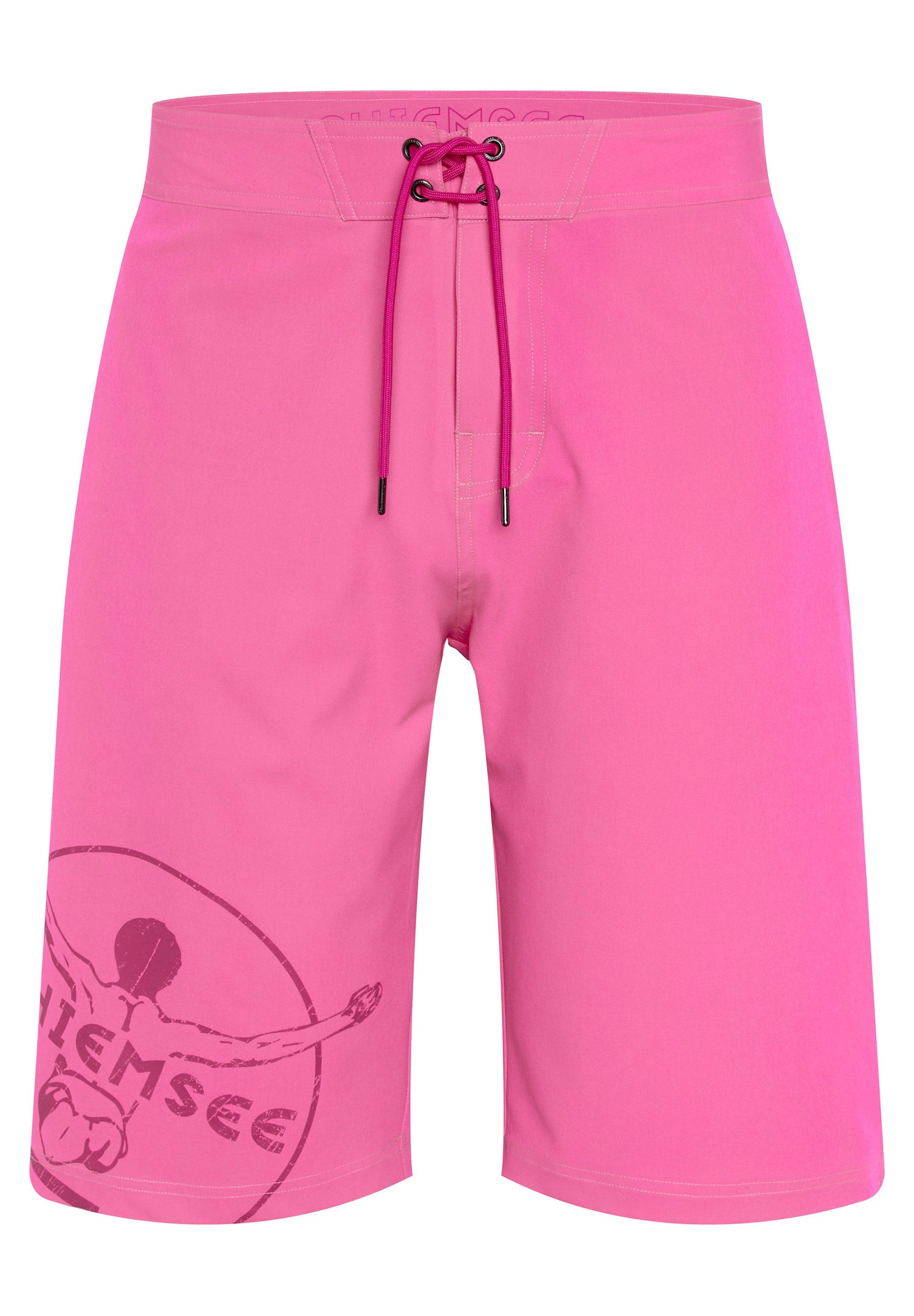 Rosa Badeshorts mit elastischem Bund und Kordelzug. Mit einem runden Grafikdruck auf dem linken Bein. Glattes, leichtes Material.