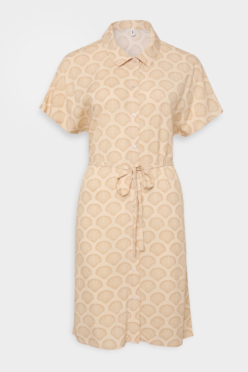 Beiges kurzärmeliges Hemdblusenkleid mit Muschel-Muster, Knopf-Front und Krawattenbund. Leichtes Material und lockere Passform.