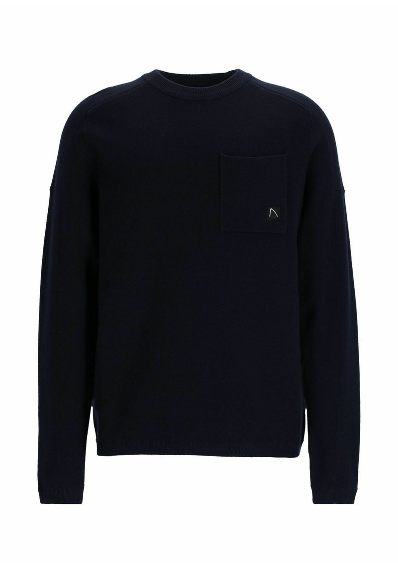 Marineblauer Strickpullover mit Rundhalsausschnitt, langen Ärmeln und einer Brusttasche, die mit einem kleinen Logopatch versehen ist. Glatte Textur und reguläre Passform.