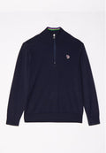 Marineblauer Pullover aus strukturiertem Stoff mit einem Halbreißverschluss-Kragen und mehrfarbigen Streifenverzierungen im Nackenbereich. Kleines Logo auf der Vorderseite.