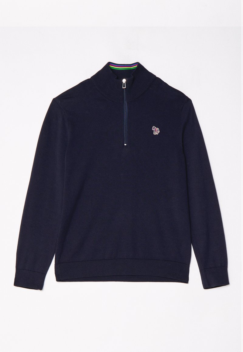 Marineblauer Pullover aus strukturiertem Stoff mit einem Halbreißverschluss-Kragen und mehrfarbigen Streifenverzierungen im Nackenbereich. Kleines Logo auf der Vorderseite.