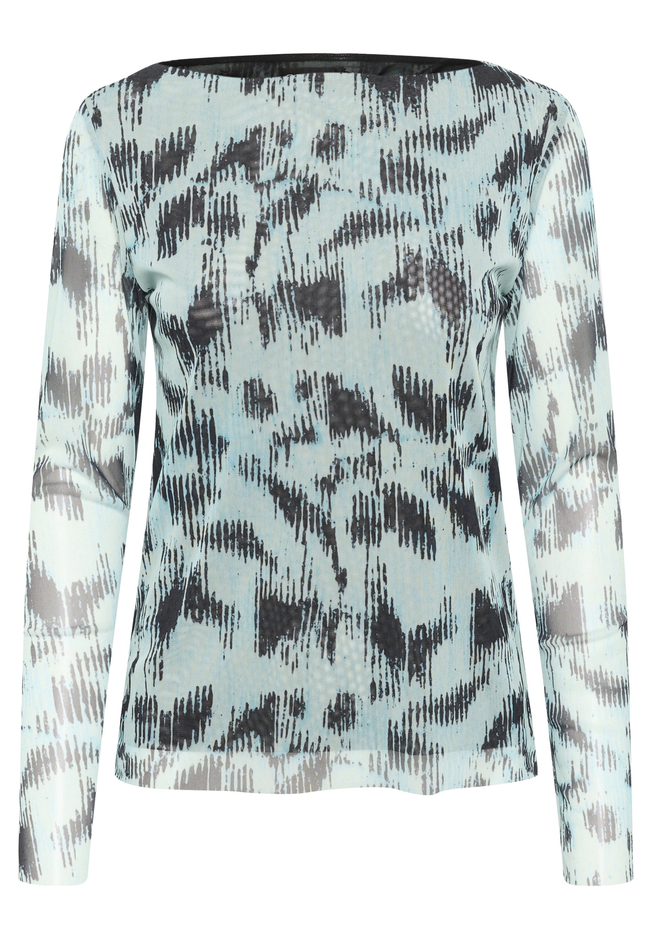 Langarmshirt in Hellblau mit abstrakten schwarzen und grauen Mustern; gerippte Textur; U-Boot-Ausschnitt mit subtiler glänzender Oberfläche.