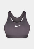 Grauer Sport-BH mit Racerback-Design, aus dehnbarem Material, mit einem weißen Nike-Logo auf der Vorderseite und ohne sichtbare Befestigungen.