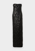 Schwarzes trägerloses Abendkleid mit figurbetonter Silhouette, besetzt mit Pailletten, mit geradem Ausschnitt und bodenlangem Saum.