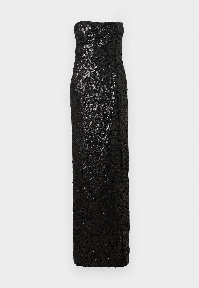 Schwarzes trägerloses Abendkleid mit figurbetonter Silhouette, besetzt mit Pailletten, mit geradem Ausschnitt und bodenlangem Saum.