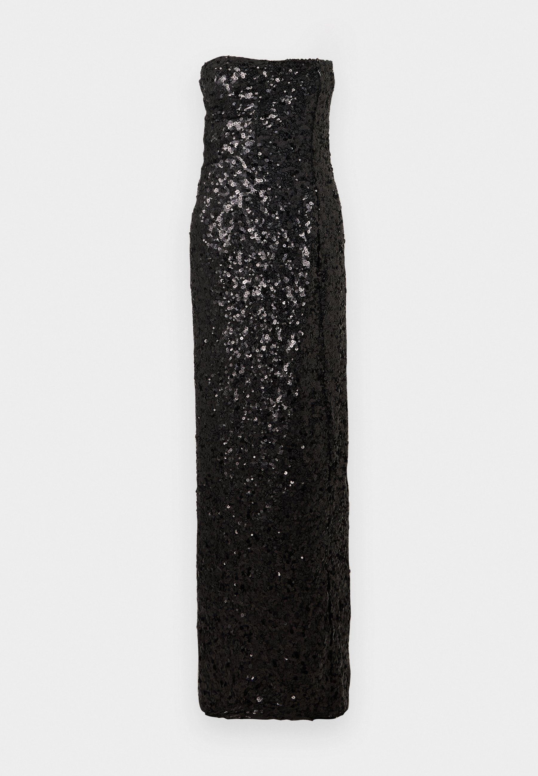 Schwarzes trägerloses Abendkleid mit figurbetonter Silhouette, besetzt mit Pailletten, mit geradem Ausschnitt und bodenlangem Saum.