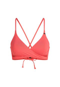 Korallenroter Bikini-Oberteil mit einem Kreuzrücken-Design, verstellbaren Bändern und einem glatten, dehnbaren Stoff. Verfügt über einen dreieckigen Cupschnitt.