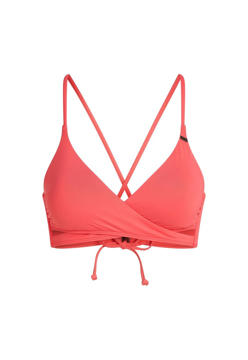 Korallenroter Bikini-Oberteil mit einem Kreuzrücken-Design, verstellbaren Bändern und einem glatten, dehnbaren Stoff. Verfügt über einen dreieckigen Cupschnitt.
