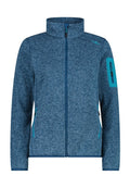 Blau gestrickte Jacke mit durchgehendem Reißverschluss, hohem Kragen, seitlichen Reißverschlusstaschen, einer Reißverschlusstasche am Arm mit türkisfarbener Einfassung und einem dezenten Logo auf der Brust.