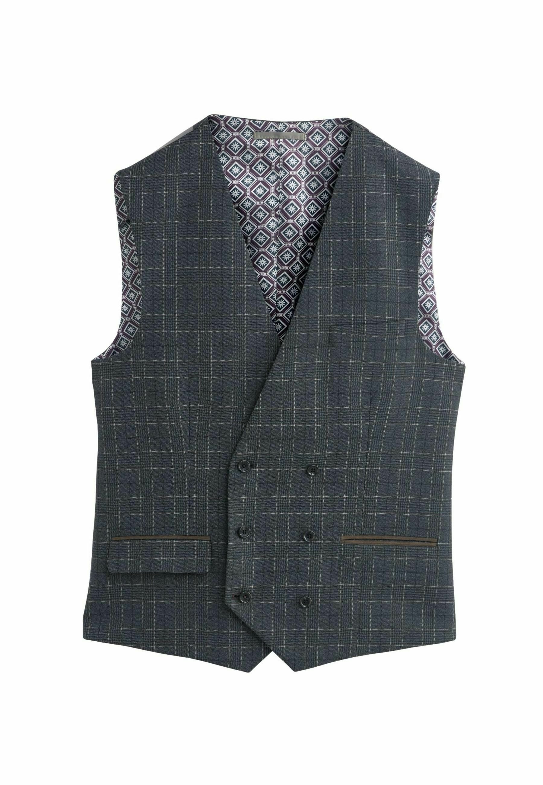 Ärmellose graue Karoveste mit doppelter Knopfleiste, zwei Taschen und einem gefütterten Innenfutter mit einem Muster aus roten und blauen Rauten.