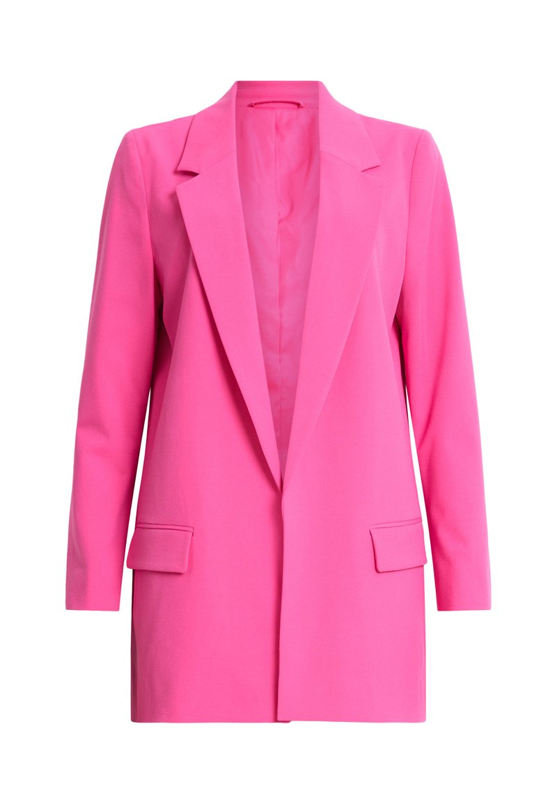 Fuchsia-pinker Blazer mit aufschlagrevers, einem einzigen Knopfverschluss und zwei vorderen Taschen, aus einem glatten Stoff mit taillierter Passform.