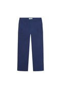 Marineblaue Baumwollhose mit geradem Bein, ausgestattet mit zwei Fronttaschen und einem Knopfverschluss an der Taille.
