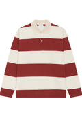 Langärmeliges Poloshirt in Creme- und Burgunderrot-Streifen, mit beigem Kragen und knöpfbarer Blende. Baumwollmaterial mit weicher Textur.