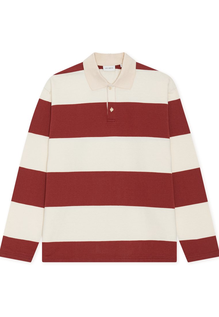 Langärmeliges Poloshirt in Creme- und Burgunderrot-Streifen, mit beigem Kragen und knöpfbarer Blende. Baumwollmaterial mit weicher Textur.