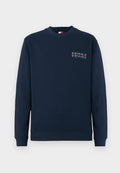 Marineblaue Rundhals-Sweatshirt mit langen Ärmeln, gerippten Bündchen und Saum, mit kleinem "1985 Tommy Jeans"-Logo auf der linken Brust.