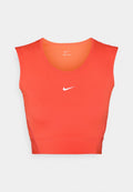 Nike Pro ärmelloses Crop-Top aus leuchtend orangefarbenem Material, mit rundem Halsauschnitt und einem weißen Logo auf der Brust, mit glatter Textur.