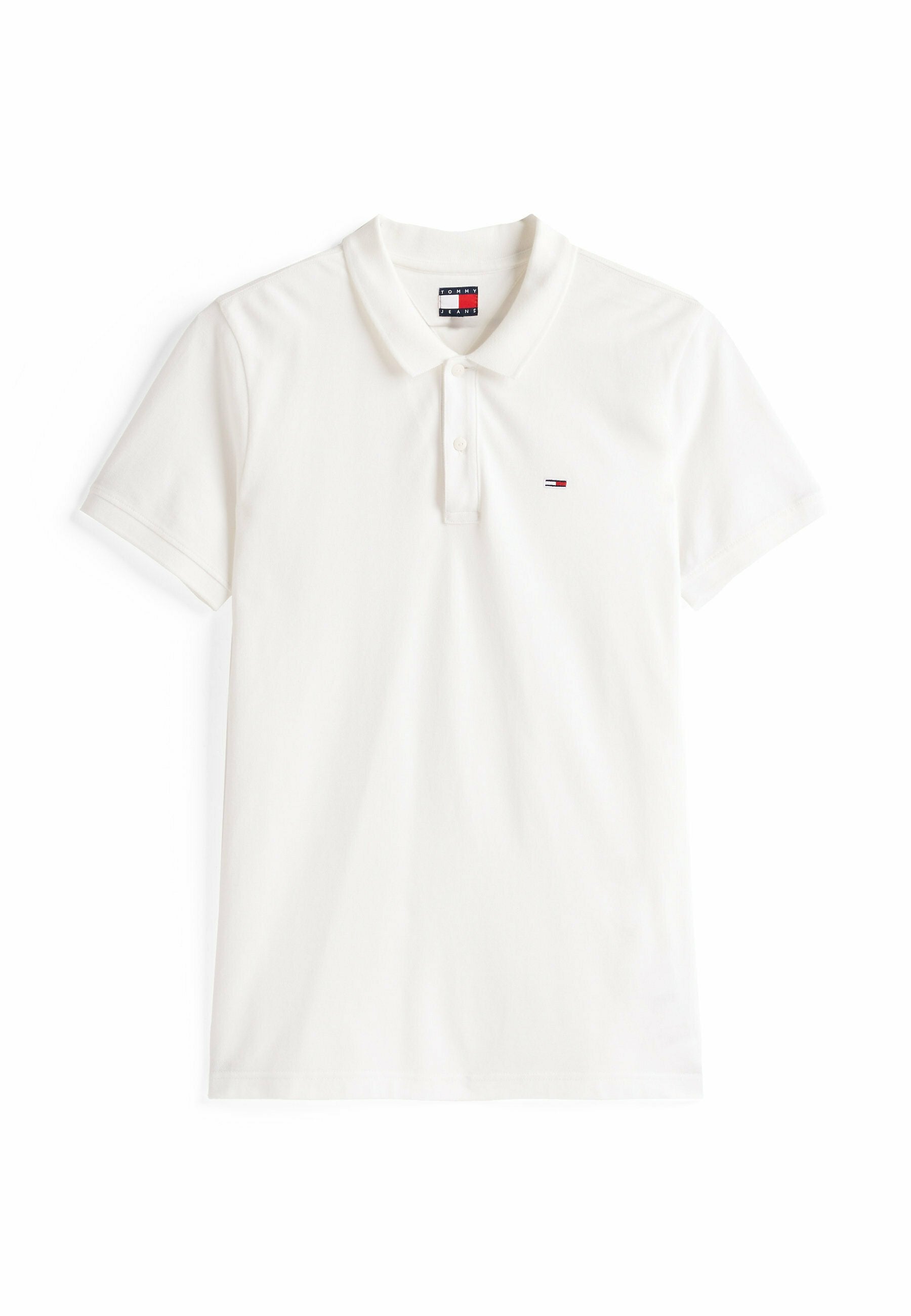 Weißes Polohemd aus Baumwolle, mit umgeschlagenem Kragen, kurzen Ärmeln und einem kleinen Logo in Rot, Weiß und Blau auf der Brust.