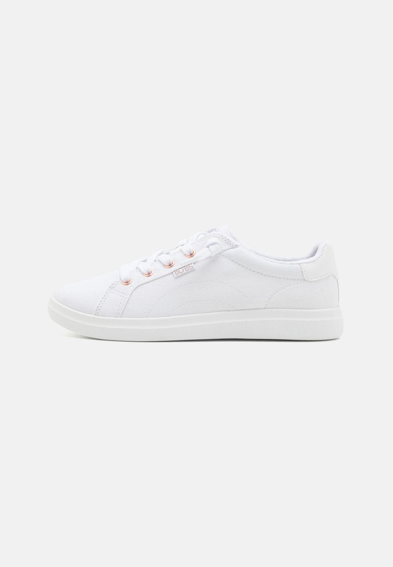 Weiße Leinenschuhe mit runder Zehenpartie, flacher Gummisohle und minimalen Nähten. Verfügt über metallische Ösen mit Schnürsenkeln. Markenlogo an der Seite.