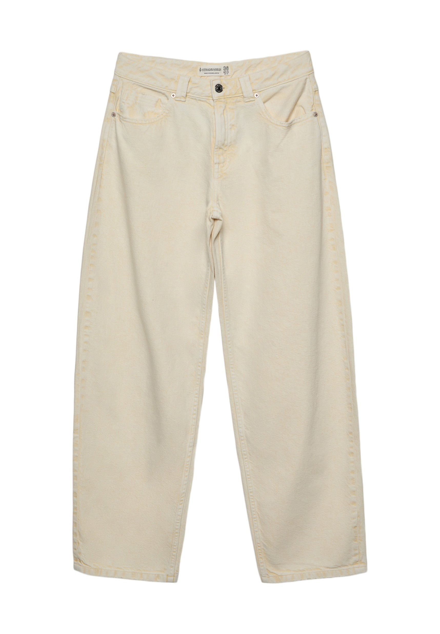 Beige Schlagjeans aus Baumwoll-Denim mit hoher Taille, Fünf-Taschen-Design und Metallknopfverschluss. Die verwaschene Textur fügt subtile Details hinzu.