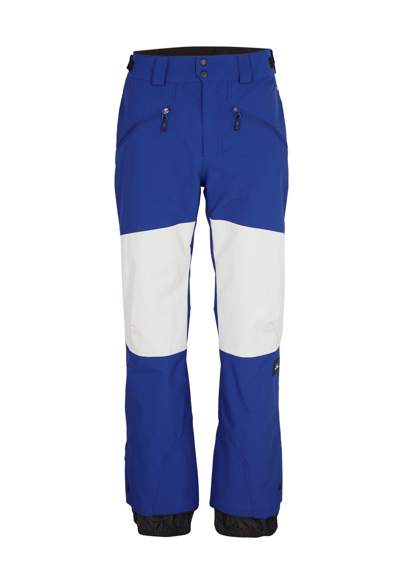 Blaue und weiße Skihosen aus wasserabweisendem Material, mit zwei Reißverschlusstaschen, geradem Hosenbein-Design und elastischen Bündchen.