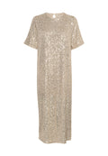 Beige Pailletten-Kleid mit lockerer Passform, kurzen Ärmeln und rundem Ausschnitt, das ein Schlüsselöffnungsdetail auf der Rückseite und eine gerade Silhouette aufweist.