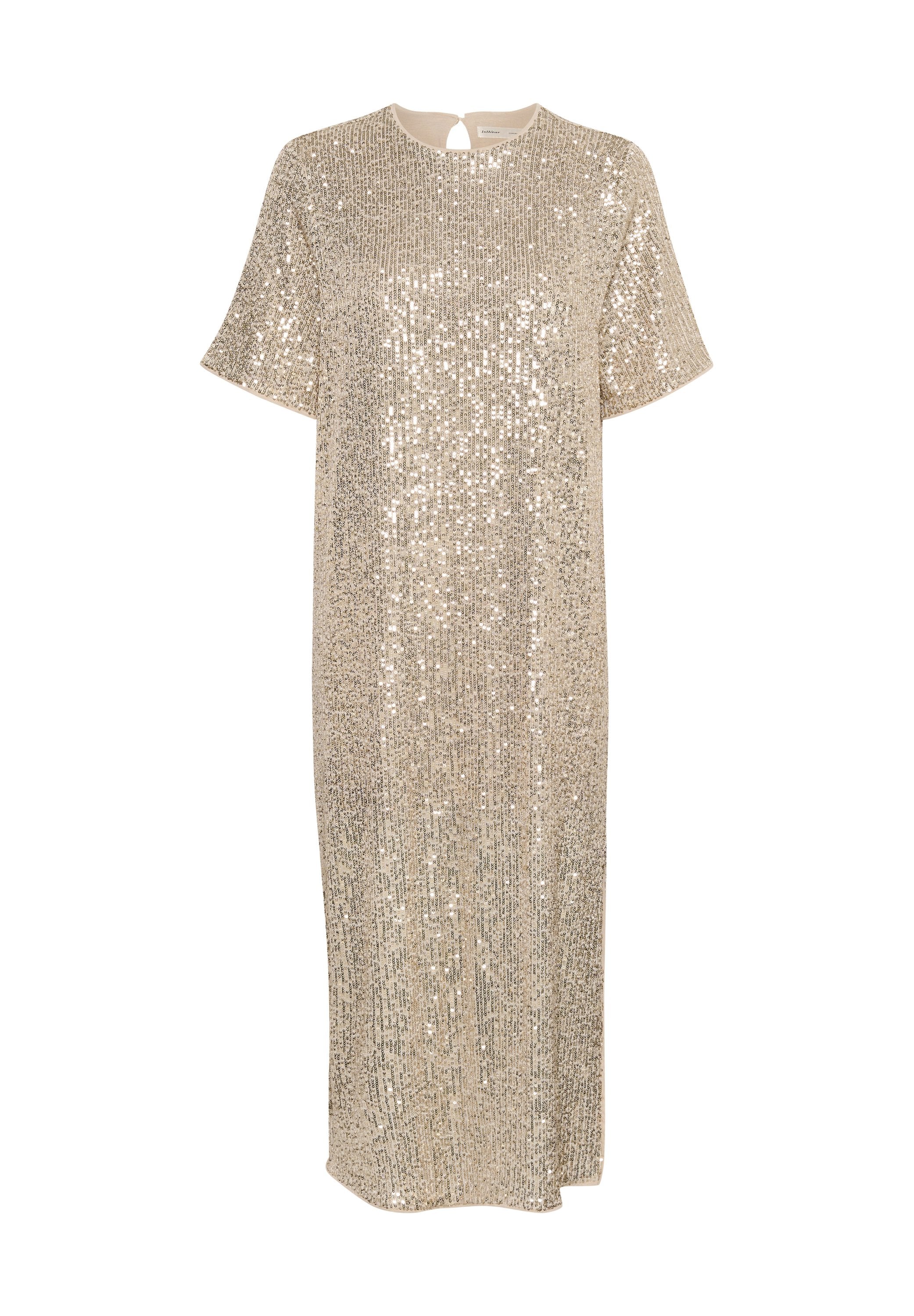 Beige Pailletten-Kleid mit lockerer Passform, kurzen Ärmeln und rundem Ausschnitt, das ein Schlüsselöffnungsdetail auf der Rückseite und eine gerade Silhouette aufweist.