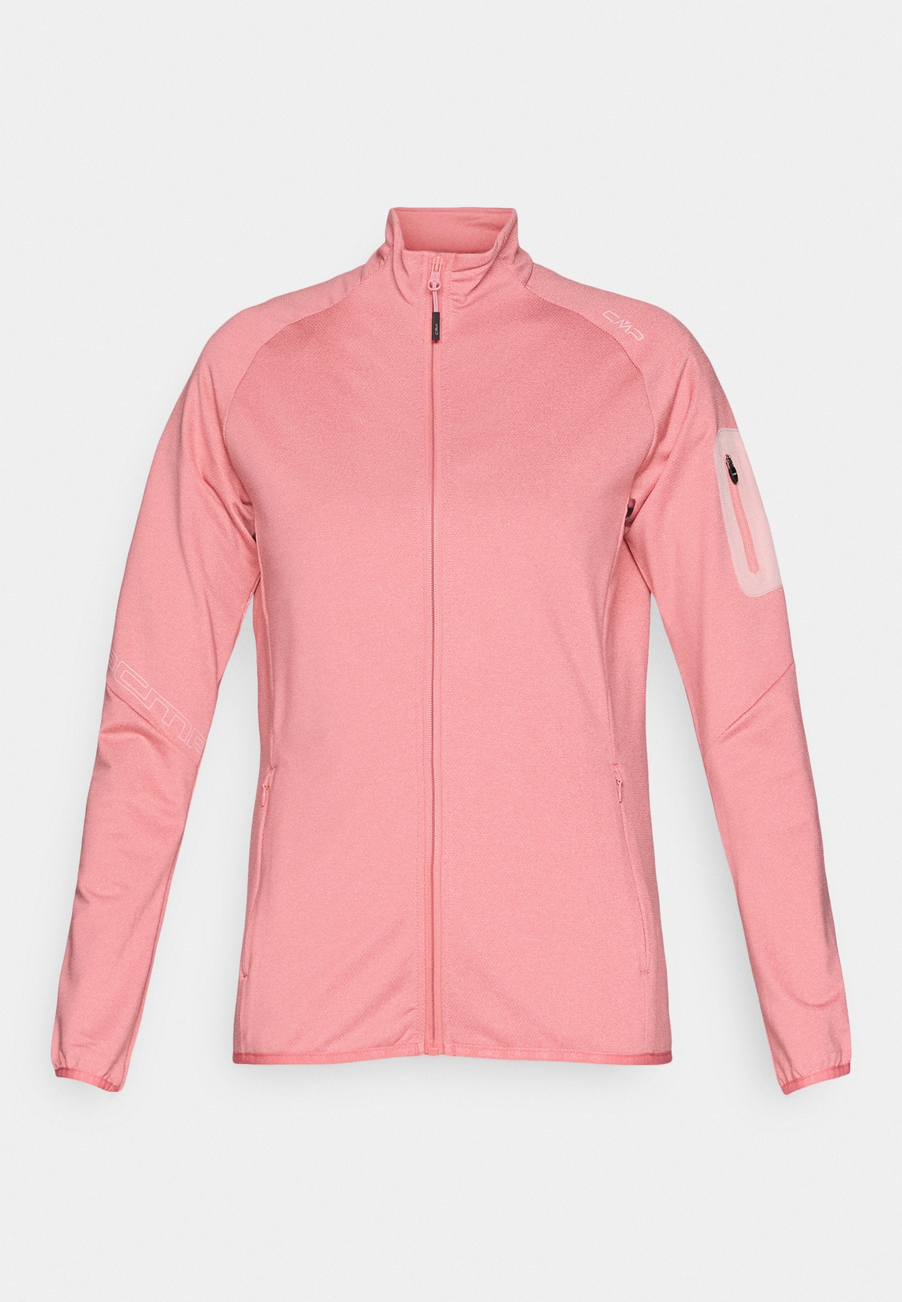 Fleecejacke in hellpink, mit durchgehendem Reißverschluss und hohem Kragen, langen Ärmeln, Reißverschlusstasche am Ärmel und reflektierenden Logo-Details.