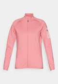 Fleecejacke in hellpink, mit durchgehendem Reißverschluss und hohem Kragen, langen Ärmeln, Reißverschlusstasche am Ärmel und reflektierenden Logo-Details.