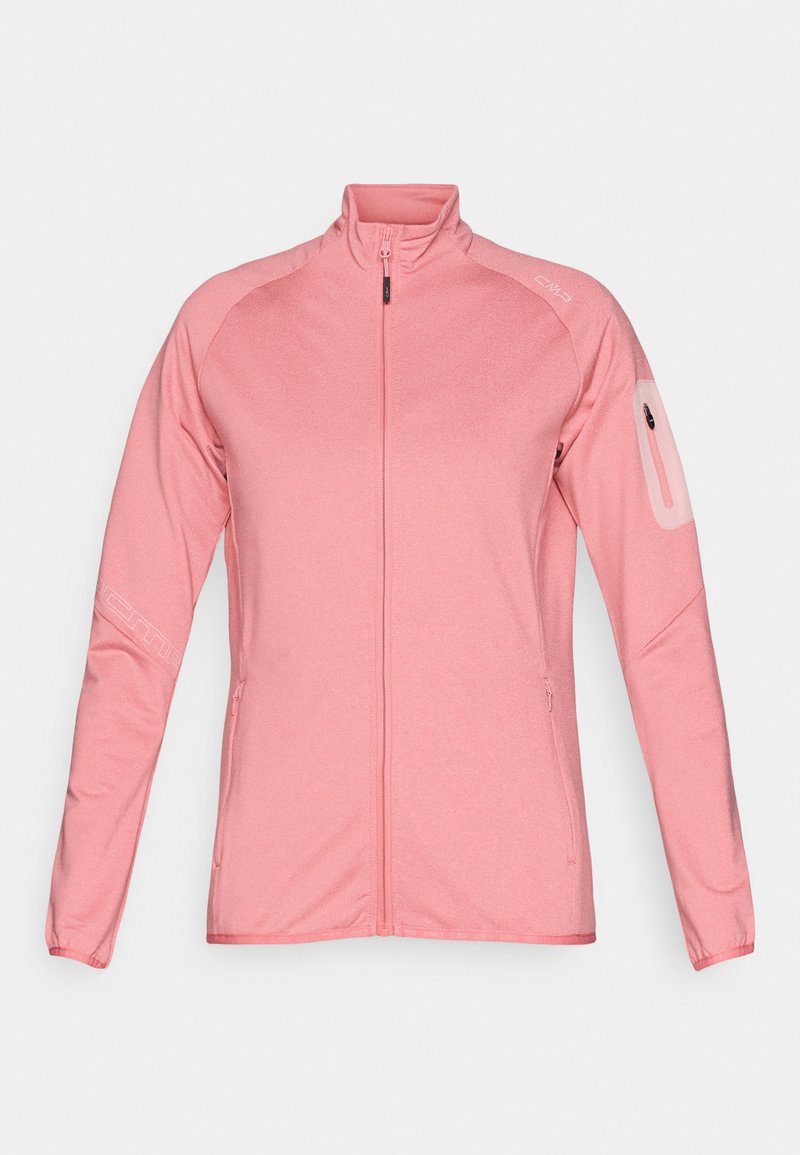Fleecejacke in hellpink, mit durchgehendem Reißverschluss und hohem Kragen, langen Ärmeln, Reißverschlusstasche am Ärmel und reflektierenden Logo-Details.