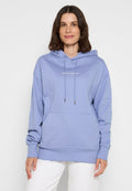 Blauer Baumwoll-Hoodie mit Kängurutasche, Zugband und gesticktem "DAILY PAPER"-Logo auf der Brust, mit langen Ärmeln und gerippten Bündchen.